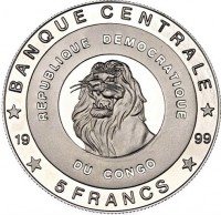 Nickel Plated Brass coin Congo - Democratic Republic BANQUE CENTRALE REPUBLIQUE DEMOCRATIQUE. 19 99. DU CONGO. 5 FRANCS.