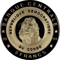Nickel Plated Brass coin Congo - Democratic Republic BANQUE CENTRALE. REPUBLIQUE DEMOCRATIQUE. 19 99. DU CONGO. 5 FRANCS.