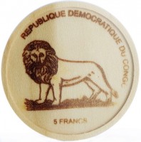 Wood coin Congo - Democratic Republic REPUBLIQUE DEMOCRATIQUE DU CONGO. 5 FRANCS.