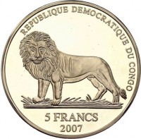 Cupronickel coin Congo - Democratic Republic REPUBLIQUE DEMOCRATIQUE DU CONGO. 5 FRANCS. 2007.