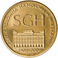 reverse of 2 Złote - Warsaw School of Economics (2006) coin with Y# 609 from Poland. Inscription: SGH SZKOŁA GŁÓWNA HANDLOWA W WARSZAWIE