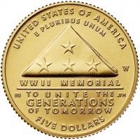 Gold coin United States KM# 803 UNITED STATES OF AMERICA. E PLURIBUS UNUM. WWII MEMORIAL. TO UNITE THE GENERATIONS OF TOMORROW. FIVE DOLLARS.