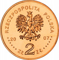 obverse of 2 Złote - Konrad Korzeniowski (2007) coin with Y# 591 from Poland. Inscription: RZECZPOSPOLITA POLSKA 20 07 ZŁ2ZŁ