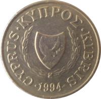 obverse of 2 Cents (1983 - 2004) coin with KM# 54 from Cyprus. Inscription: CYPRUS · ΚΥΠΡΟΣ · KIBRIS 1960 · 1990 ·