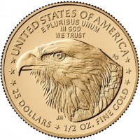 Gold coin United States KM# 747 UNITED STATES OF AMERICA. E PLURIBUS UNUM. IN GOD. WE TRUST. RG JN. 25 DOLLARS ★ 1/2 OZ. FINE GOLD.
