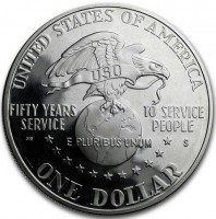 Silver coin United States KM# 232 UNITED STATES OF AMERICA. USO. FIFTY YEARS SERVICE TO SERVE PEOPLE. E PLURIBUS UNUM. ONE DOLLAR. D JM.