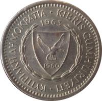 obverse of 25 Mils (1963 - 1982) coin with KM# 40 from Cyprus. Inscription: ΚΥΠΡΙΑΚΗ ΔΗΜΟΚΡΑΤΙΑ · KIBRIS CUMHURİYETİ · 1980 1960