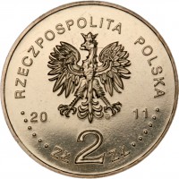 Poland coin 2 Złote - Czesław Miłosz (2011) obverse obverse of 2 Złote - Czesław Miłosz (2011) coin with Y# 785 from Poland. Inscription: RZECZPOSPOLITA POLSKA 2011 ZŁ 2 ZŁ