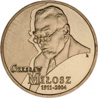 Poland coin 2 Złote - Czesław Miłosz (2011) reverse reverse of 2 Złote - Czesław Miłosz (2011) coin with Y# 785 from Poland. Inscription: CZESŁAW MIŁOSZ 1911-2004