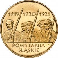 Poland coin 2 Złote - Silesian Uprisings (2011) reverse reverse of 2 Złote - Silesian Uprisings (2011) coin with Y# 792 from Poland. Inscription: 1919 1920 1921 Powstania Śląskie