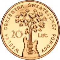 reverse of 2 Złote - 20th Anniversary of Great Orchestra of Christmas Charity (2012) coin with Y# 809 from Poland. Inscription: WIELKA ORKIESTRA ŚZIĄTECWNEJ POWOCY 20 LAT