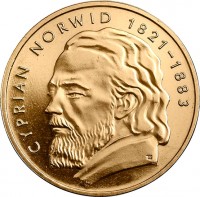 reverse of 2 Złote - Cyprian Norwid (2013) coin with Y# 856 from Poland. Inscription: CYPRIAN NORWID 1821-1883