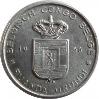 Ruanda-Urundi coin 5 Francs (1956 - 1959) obverse obverse of 5 Francs (1956 - 1959) coin with KM# 3 from Ruanda-Urundi. Inscription: BELGISCH CONGO BELGE 19 56 RUANDA-URUNDI