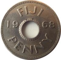 Fiji coin 1 Penny - Elizabeth II (1954 - 1968) reverse reverse of 1 Penny - Elizabeth II (1954 - 1968) coin with KM# 21 from Fiji. Inscription: FIJI 19 63 PENNY
