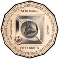 DEDICATED TO ALL AUSTRALIAN SERVICEMEN AND IN MEMORY OF THOSE WHO DIED. 60TH ANNIVERSARY OF NATIONAL SERVICE FIFTY CENTS.