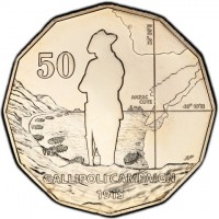 Copper-Nickel coin Australia KM# 2880 50. Gallipoli Campaign 1915. Anzac Cove 26*30'E 40*19'N.