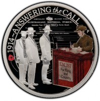 Silver coin Australia KM# 238 1914 - ANSWERING THE CALL. AUSTRALIAN IMPERIAL FORCE. ENLIST For King and Country. P. WR.