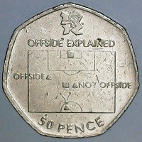Copper-Nickel coin United Kingdom KM# 1193 OFFSIDE EXPLAINED. OFFSIDE. NOT OFFSIDE. 50 PENCE.