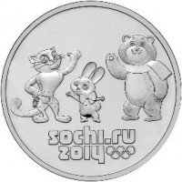 Russia coin 25 Roubles - Mascots and the Emblem of the Sochi Olympic Games (2012 - 2014) reverse reverse of 25 Roubles - Mascots and the Emblem of the Sochi Olympic Games (2012 - 2014) coin with Y# 1368 from Russia. Inscription: sochi.ru 2014