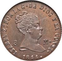 Spain coin 8 Maravedis - Isabel II (1836 - 1858) obverse obverse of 8 Maravedis - Isabel II (1836 - 1858) coin with KM# 531 from Spain. Inscription: ISABEL 2ᴬ. POR LA G · DE DIOS Y LA CONST · 8 M. 1839.