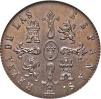 reverse of 8 Maravedis - Isabel II (1836 - 1858) coin with KM# 531 from Spain. Inscription: REYNA DE LAS E S P A Ñ A S.
