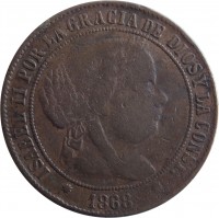 obverse of 5 Centimos de Escudo - Isabel II (1865 - 1868) coin with KM# 635 from Spain. Inscription: ISABEL II POR LA GRACIA DE DIOS Y LA CONST. 1868