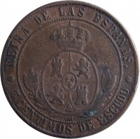 Spain coin 5 Centimos de Escudo - Isabel II (1865 - 1868) reverse reverse of 5 Centimos de Escudo - Isabel II (1865 - 1868) coin with KM# 635 from Spain. Inscription: REINA DE LAS ESPAÑAS 5 CENTIMOS DE ESCUDO