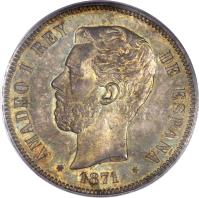 obverse of 5 Pesetas - Amadeo I (1871) coin with KM# 666 from Spain. Inscription: AMADEO I REY DE ESPAÑA L · M · * 1871 *