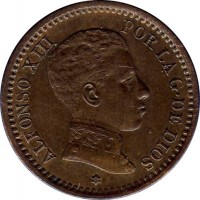 obverse of 2 Centimos - Alfonso XIII - 4'th Portrait (1904 - 1905) coin with KM# 722 from Spain. Inscription: ALFONSO XIII POR LA G. DE DIOS