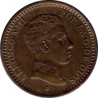 Spain coin 2 Centimos - Alfonso XIII - 4'th Portrait (1904 - 1905) obverse obverse of 2 Centimos - Alfonso XIII - 4'th Portrait (1904 - 1905) coin with KM# 722 from Spain. Inscription: ALFONSO XIII POR LA G. DE DIOS