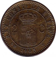 reverse of 2 Centimos - Alfonso XIII - 4'th Portrait (1904 - 1905) coin with KM# 722 from Spain. Inscription: REY CONTSL. DE ESPAÑA 2 C S · M · 1905 · V ·