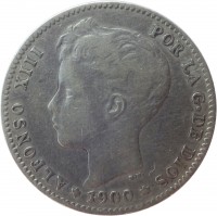 obverse of 1 Peseta - Alfonso XIII - 3'rd Portrait (1896 - 1902) coin with KM# 706 from Spain. Inscription: ALFONSO XIII POR LA G · DE DIOS * 1900 *