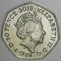 Copper-Nickel coin United Kingdom KM# 1555 ELIZABETH II · D · G · REG · F · D · 50 PENCE · 2018 · . JC.
