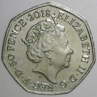 Copper-Nickel coin United Kingdom KM# 1557 ELIZABETH II · D · G · REG · F · D · 50 PENCE · 2018 · . JC.
