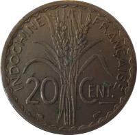 French Indochina coin 20 Centimes - Date between dots (1939 - 1941) reverse reverse of 20 Centimes - Date between dots (1939 - 1941) coin with KM# 23a from French Indochina. Inscription: INDOCHINE FRANÇAISE 20 CENT.