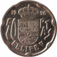 Spain coin 50 Pesetas - Juan Carlos I - Philip V (1996) reverse reverse of 50 Pesetas - Juan Carlos I - Philip V (1996) coin with KM# 963 from Spain. Inscription: 19 96 50 PTAS FELIPE V