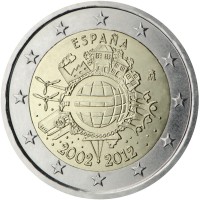 Spain coin 2 Euro - Juan Carlos I - 10 Years of Euro Cash (2012) obverse obverse of 2 Euro - Juan Carlos I - 10 Years of Euro Cash (2012) coin with KM# 1252 from Spain. Inscription: ESPAÑA A.H. € 2002 2012
