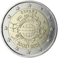 obverse of 2 Euro - Juan Carlos I - 10 Years of Euro Cash (2012) coin with KM# 1252 from Spain. Inscription: ESPAÑA A.H. € 2002 2012