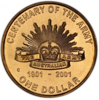 Aluminium Bronze coin Australia KM# 530 CENTENARY OF THE ARMY. THE ARMY. AUSTRALIAN. C. 1901 - 2001. ONE DOLLAR.