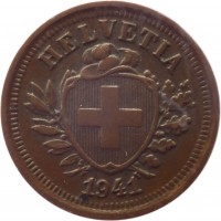 obverse of 1 Rappen (1850 - 1941) coin with KM# 3 from Switzerland. Inscription: HELVETIA 1941