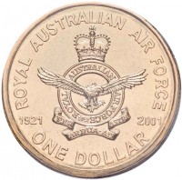 Aluminium Bronze coin Australia KM# 531 ROYAL AUSTRALIAN AIR FORCE. 1821 ROYAL AUSTRALIAN AIR FORCE 2001. ONE DOLLAR. PER ARDUA-AD ASTRA.