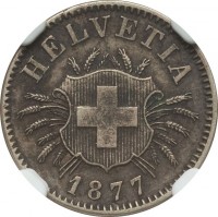 obverse of 5 Rappen (1850 - 1877) coin with KM# 5 from Switzerland. Inscription: HELVETIA 1877