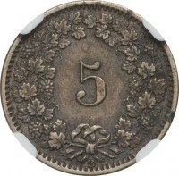 Switzerland coin 5 Rappen (1850 - 1877) reverse reverse of 5 Rappen (1850 - 1877) coin with KM# 5 from Switzerland. Inscription: 5