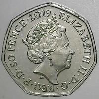 Copper-Nickel coin United Kingdom KM# 1714 ELIZABETH II · D · G · REG · F · D · 50 PENCE · 2019 · . JC.