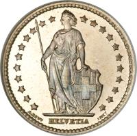obverse of 1 Franc (1875 - 1967) coin with KM# 24 from Switzerland. Inscription: HELVETIA A. BOVY INCT