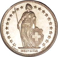 obverse of 2 Francs (1874 - 1967) coin with KM# 21 from Switzerland. Inscription: HELVETIA A. BOVY INCT