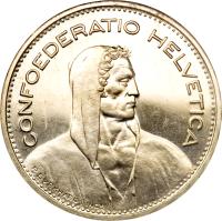 obverse of 5 Francs (1931 - 1969) coin with KM# 40 from Switzerland. Inscription: CONFOEDERATIO HELVETICA P. BVRKHARD INCT