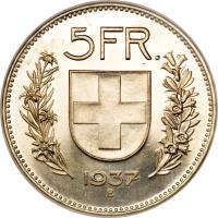 reverse of 5 Francs (1931 - 1969) coin with KM# 40 from Switzerland. Inscription: 5FR. 1937 B