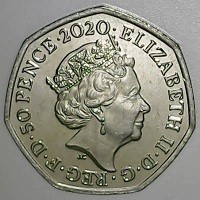 Copper-Nickel coin United Kingdom KM# 1818 ELIZABETH II · D · G · REG · F · D · 50 PENCE · 2020 · . JC.