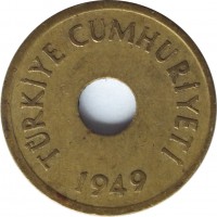 obverse of 1 Kuruş (1947 - 1951) coin with KM# 881 from Turkey. Inscription: TÜRKİYE CUMHURİYETİ 1949